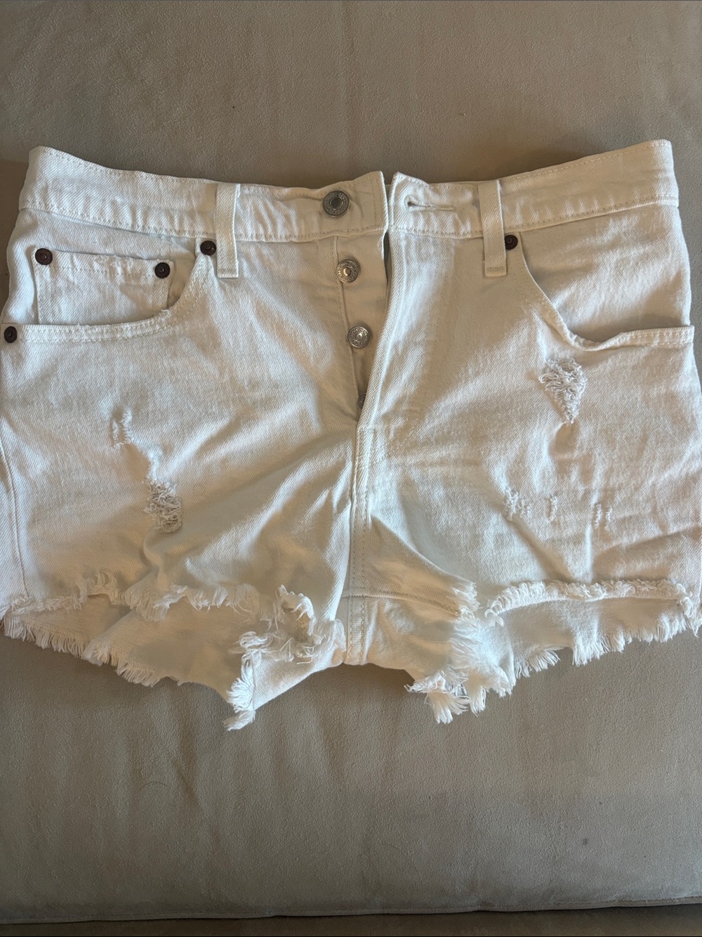 Levi's White Distressed Frayed Hem Denim Shorts